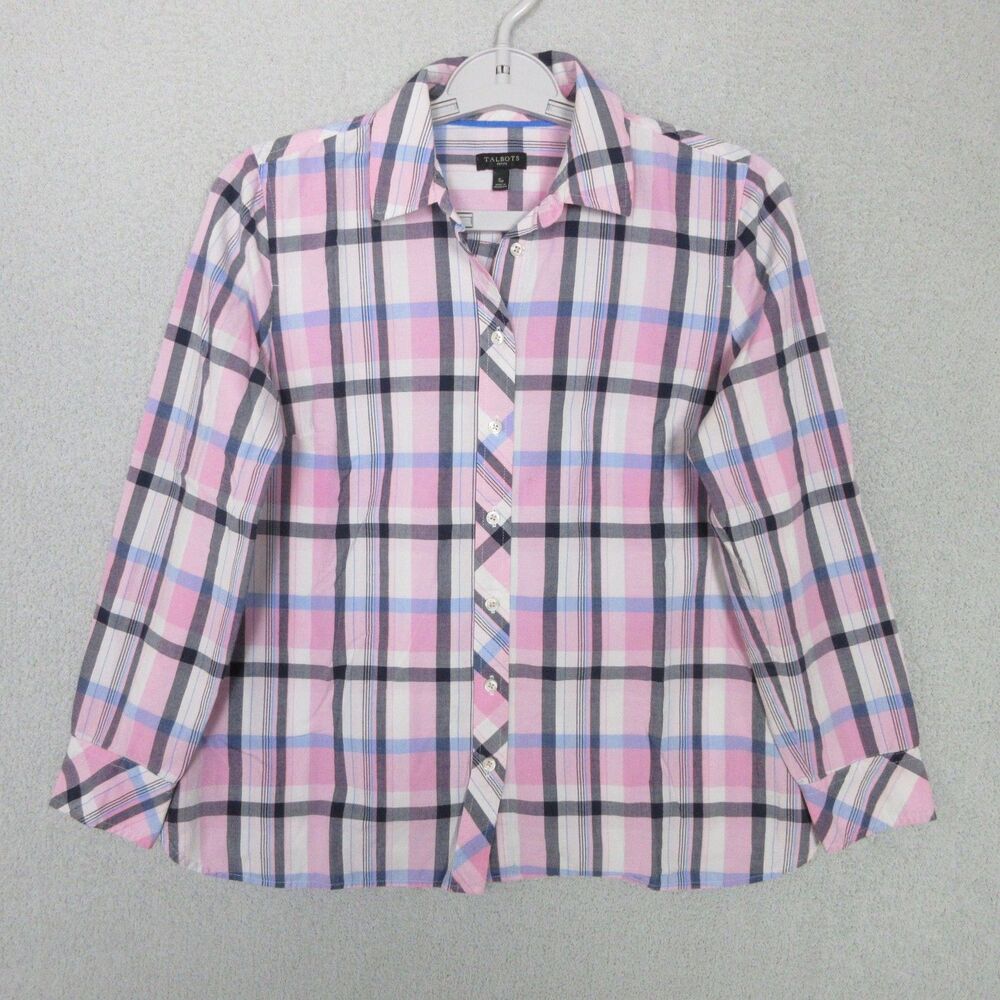 Talbots Shirt Womens Petite S Pink Plaid Long Sleeve Button Up Cotton Casual